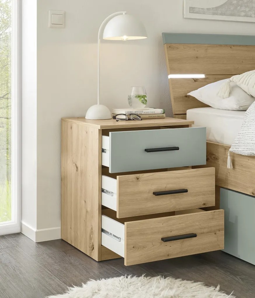 Posteľ s nočnými stolíkmi Savina 180x200 cm, dub artisan/šalviová, s osvetlením