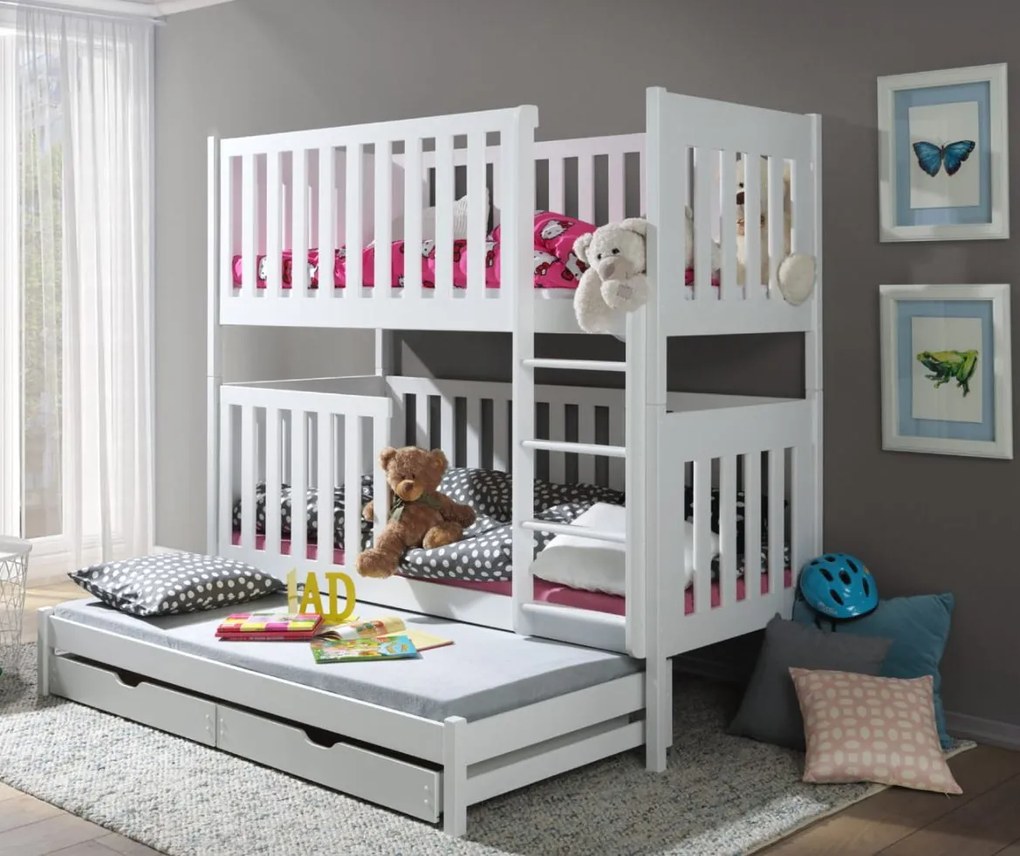 Detská poschodová posteľ z masívu EMIL s prístelkou a šuplíky - 200x90 cm - biela