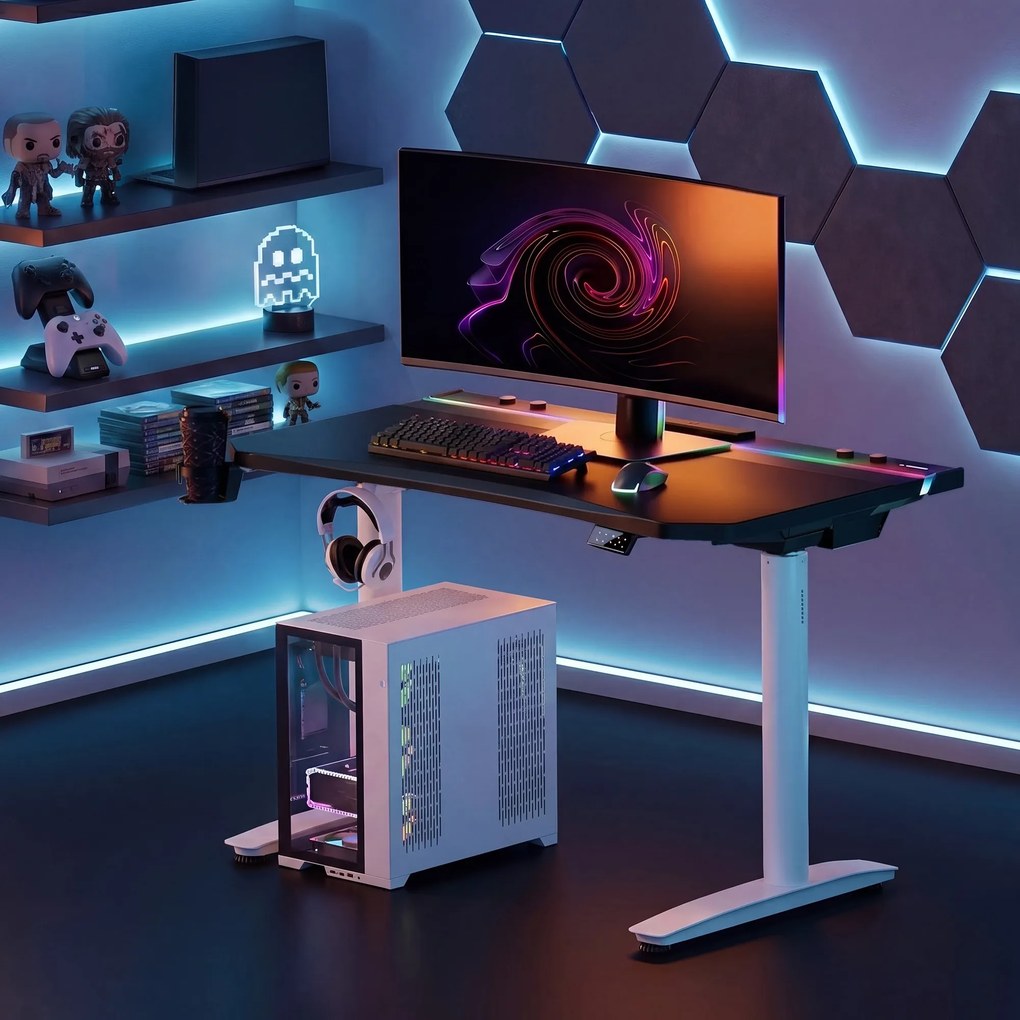 Elektrický herný stôl RGB s držiakmi, čierno-biely, 140 cm: Diablo X-Forge 1400
