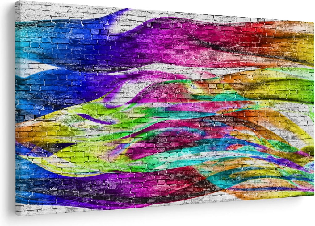 Obraz - Tehlový múr s farebnými plameňmi (90x60 cm)