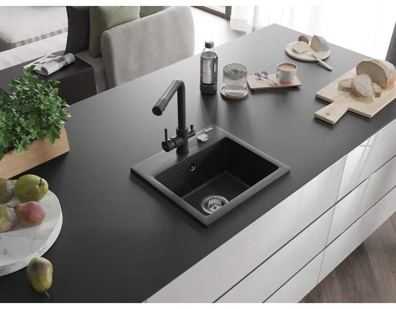 Mexen Milo, granitový drez 435x410x171 mm, 1-komorový a čierna batéria Duero, čierna - zlatá metalíza, 6505-75-671600-70