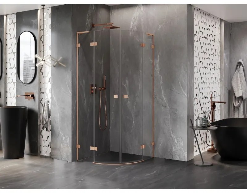 Mexen Lunar, L polkruhový výklopný sprchový kút 90 x 90 cm, 8mm číre sklo, profil medená matná, 833L-090L-090P-65-00