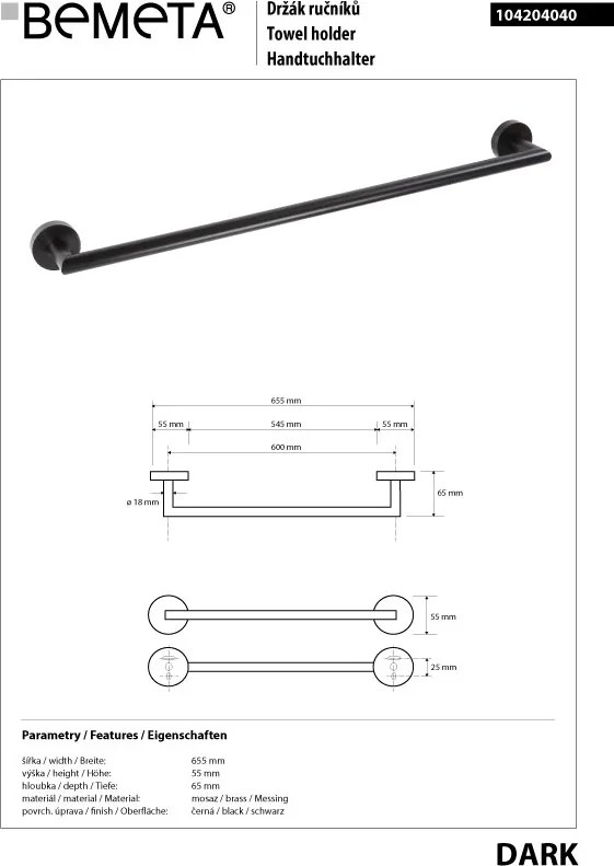 Bemeta Design DARK: Držiak uterákov, 600 mm - 104204040