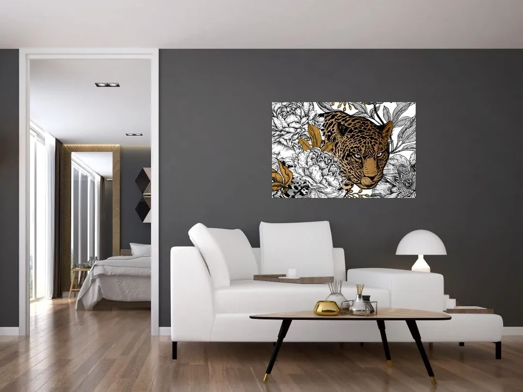 Obraz - Leopard medzi kvetmi (90x60 cm)