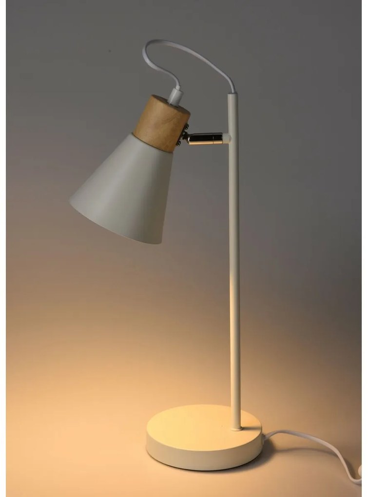 Kovová stolná lampa s dreveným podstavcom Solano biela, 14 x 47 cm