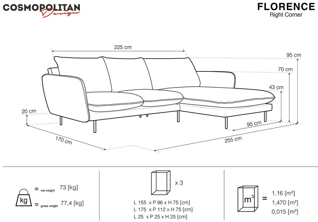 Rohová zamatová päťmiestna pohovka Florence pravý roh 255 × 170 × 95 cm