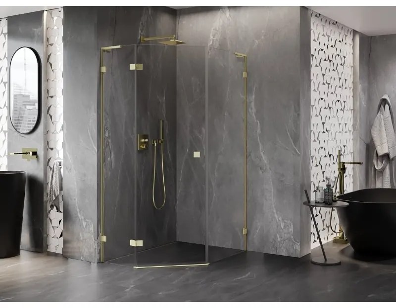 Mexen Lunar, L päťuholníkový sprchový kút naklápací doľava 80 x 100 cm, 8mm číre sklo, zlatý matný profil, 831L-080L-100P-55-00-L