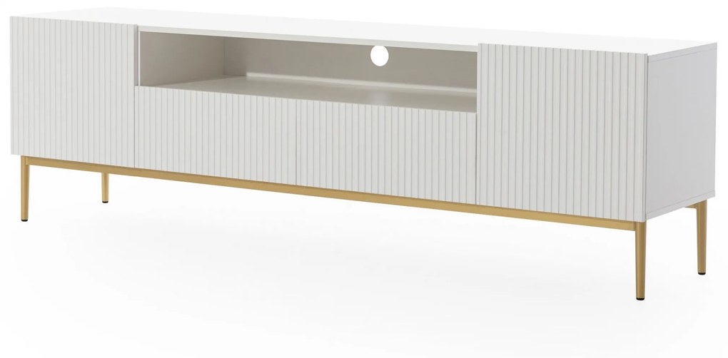 TV stolík Nicole 200 cm s otvorenou policou a zásuvkami - biely mat / zlaté nohy