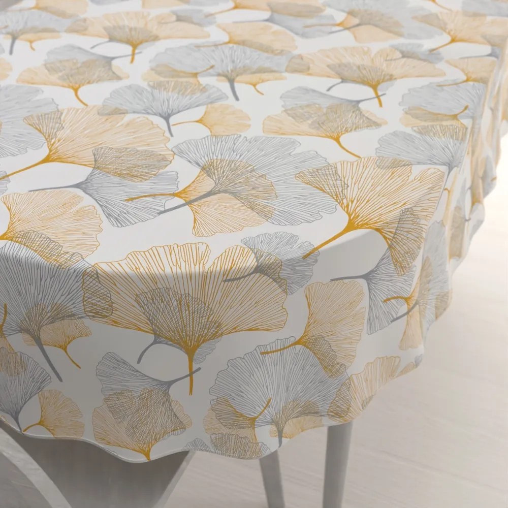 Biante Bavlnený oválny obrus Sandra SA-745 Sivo-horčicové ginkgo listy na bielom 140x160 cm