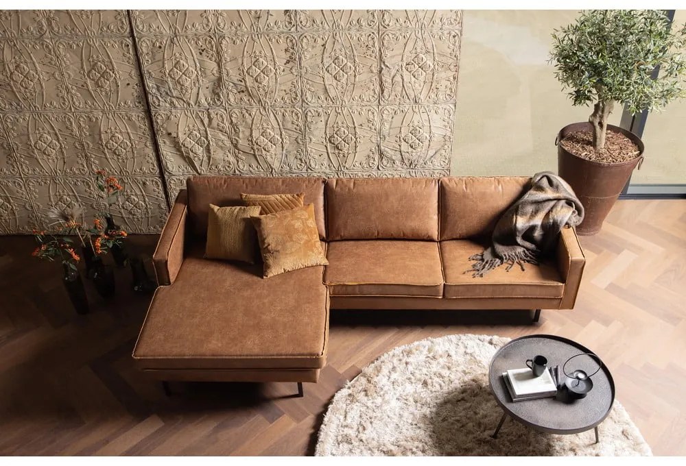 Hnedá rohová pohovka z imitácie kože (ľavý roh/s leňoškou) Rodeo – WOOOD