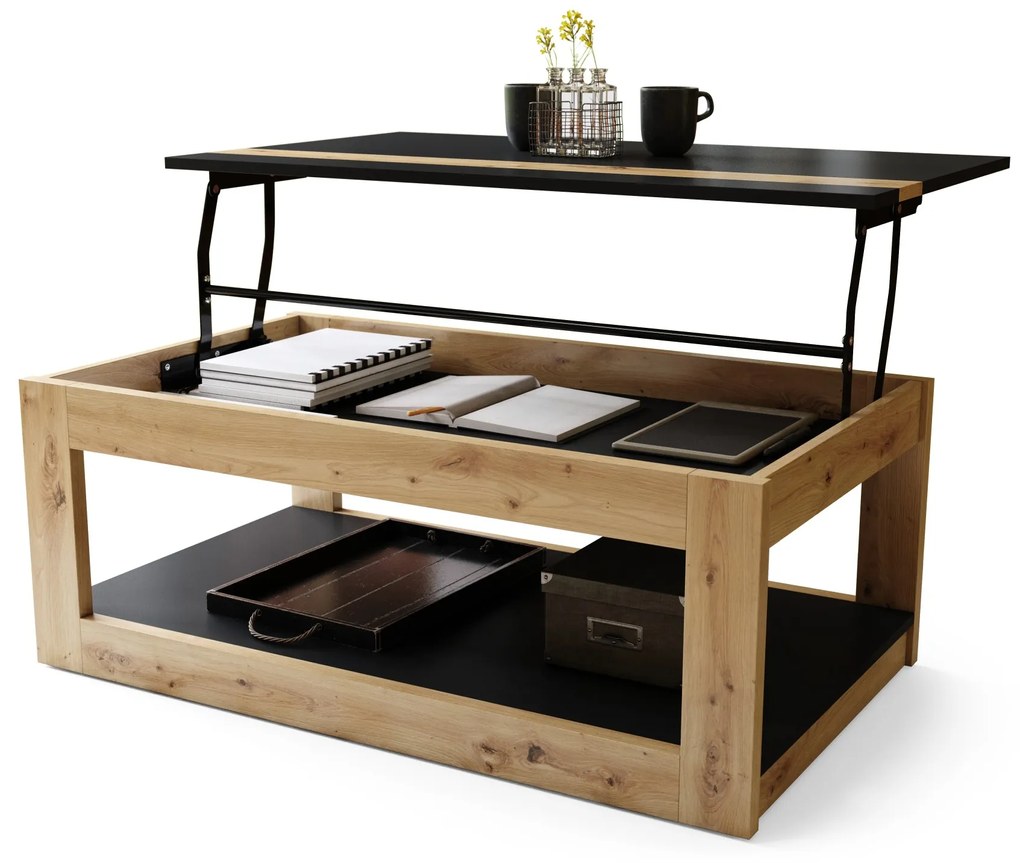 LUSSO Čierna matná/Dub Artisan - MODERNÝ STOLÍK SO ZDVÍHAVOU STOLOVOU DOSKOU + ÚLOŽNÝ PRIESTOR + POLICA (NA KOLESÁCH!)