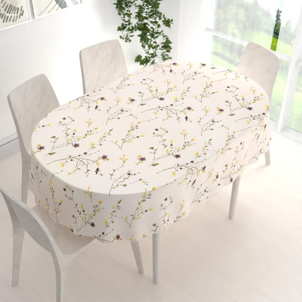 Biante Bavlnený oválny obrus Sandra SA-496 Žlté a hnedofialové lúčne kvietky na krémovom 80x120 cm