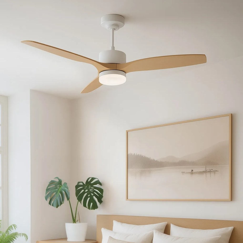 Biely stropný ventilátor s drevenou potlačou 132 cm vrátane stmievateľného LED s diaľkovým ovládaním - Joly