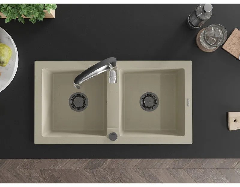 Mexen Mario, granitový drez 820x436x161 mm, 2-komorový a drezová batéria Aster, béžová, 6504-69-73450-07-B