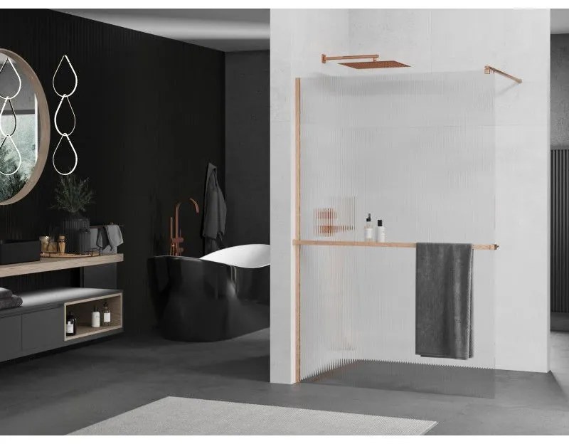 Mexen Kioto+, sprchová zástena Walk-In s poličkou a vešiakom 120 x 200 cm, 8mm sklo s rebrovým vzorom, medený matný profil, 800-120-121-65-09