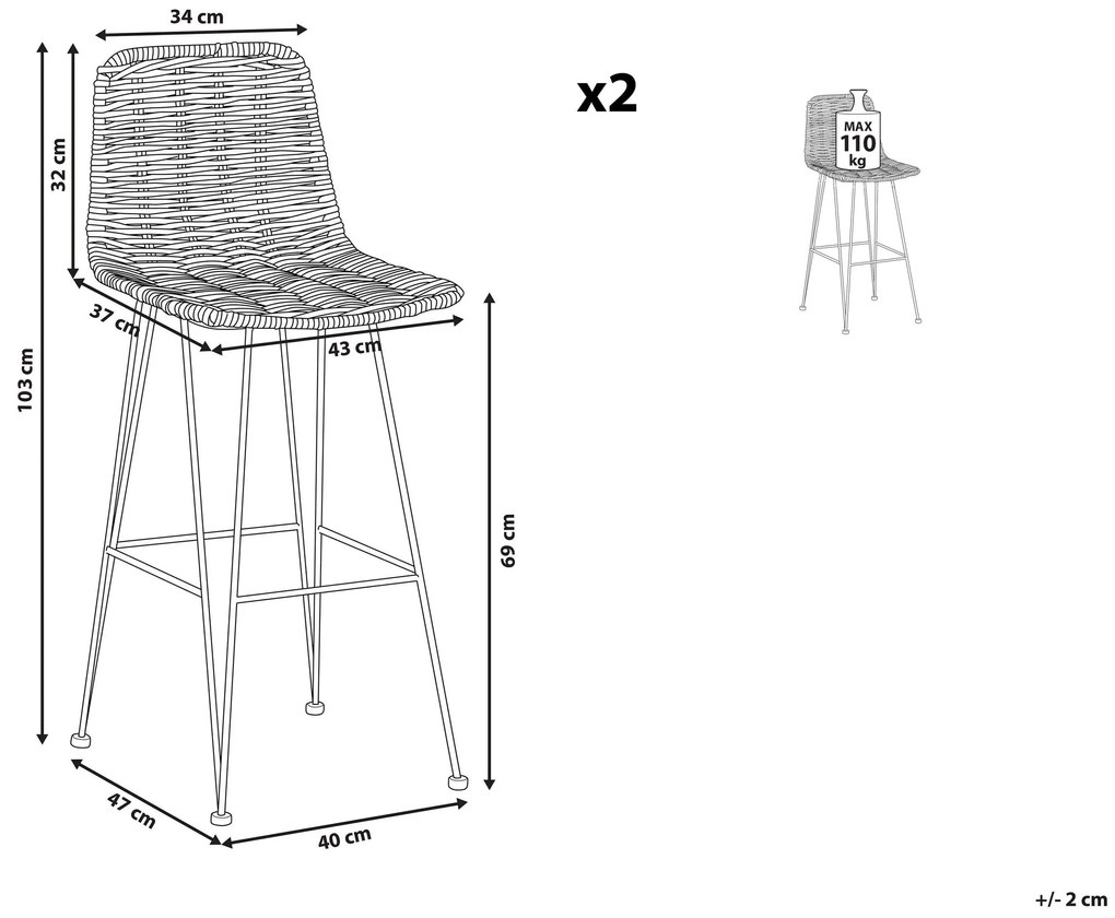 Sada 2 ratanových barových stoličiek prírodná CASSITA Beliani
