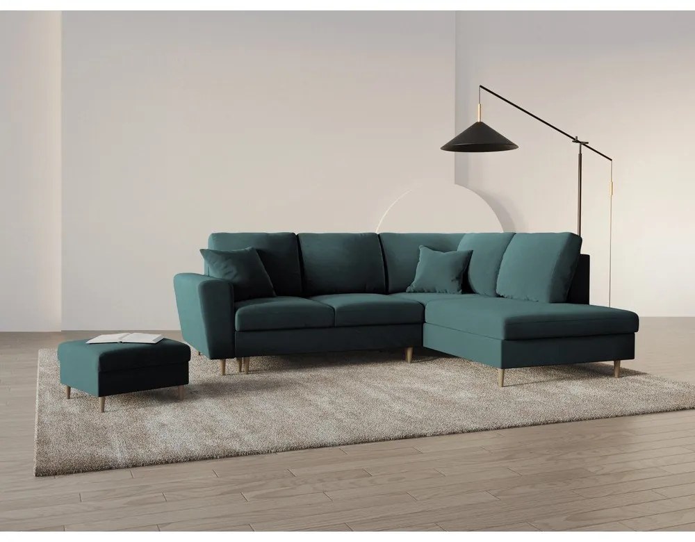 Zamatová rozkladacia/s úložným priestorom rohová pohovka v petrolejovej farbe (pravý roh/do L) Kyoto – Cosmopolitan Design