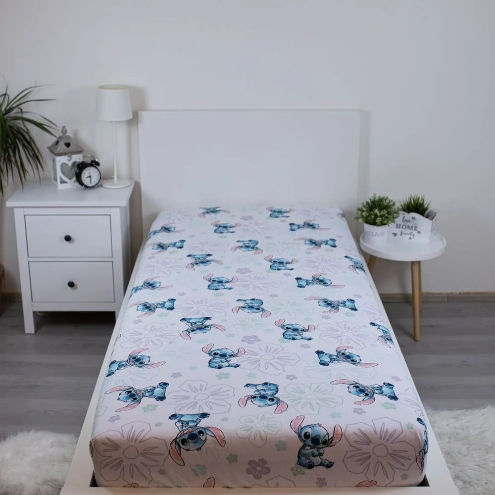 Biela napínacia bavlnená detská plachta na jednolôžko 90x200 cm Lilo and Stitch "Ohana White" – Jerry Fabrics