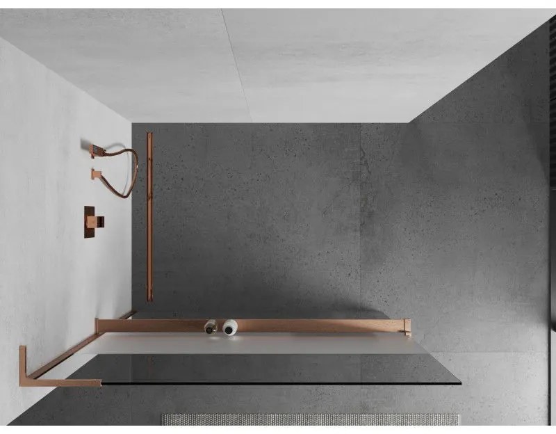 Mexen Kioto+ L, sprchová zástena Walk-In s poličkou a vešiakom 120 x 200 cm, 8mm číre sklo-námraza, medený matný profil, 800-120-123-65-35