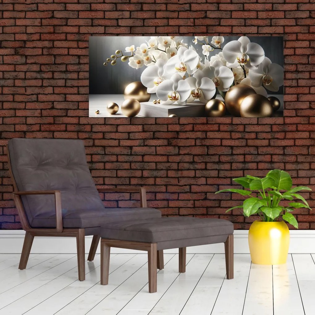 Obraz - Orchidea a zlaté gule (120x50 cm)