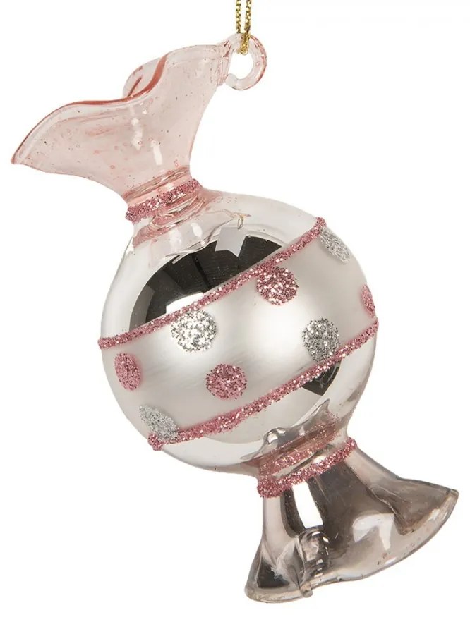 Ružovo-strieborná sklenená vianočná ozdoba cukrík - 4*8 cm