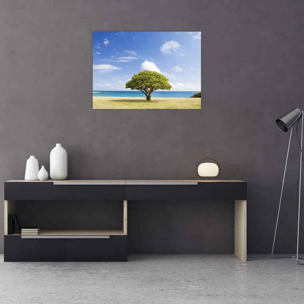Sklenený obraz pláže so stromom (70x50 cm)
