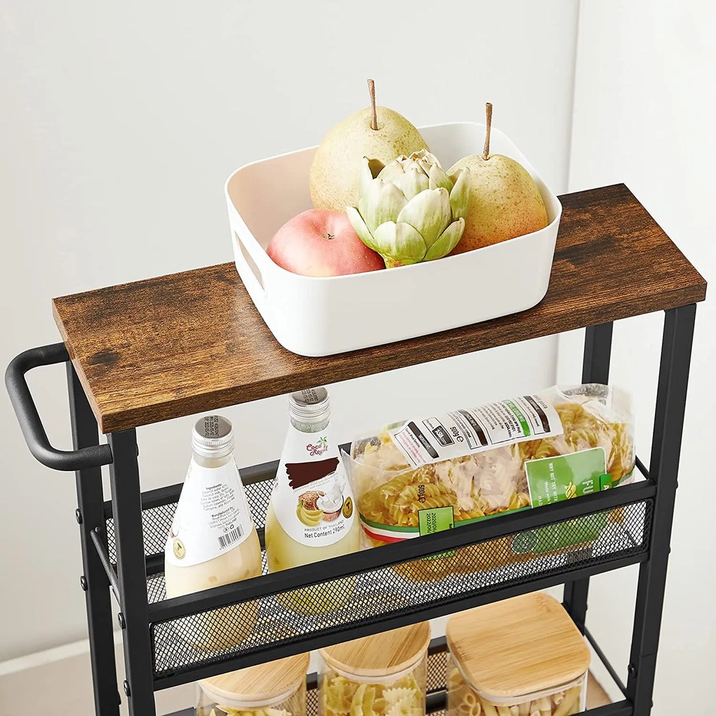 Servírovací vozík, úzka polička na kolieskach, kovový rám, rustikálny hnedý