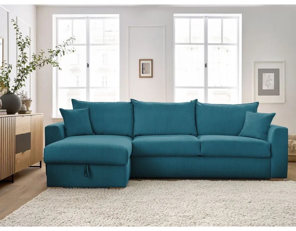 Modrá menčestrová rozkladacia rohová pohovka (variabilná) Augustin – Bobochic Paris