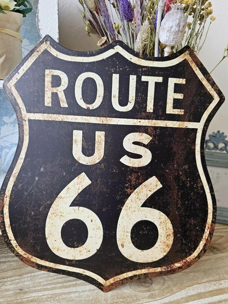 Červená nástenná kovová ceduľa Route 66 - 25*33 cm