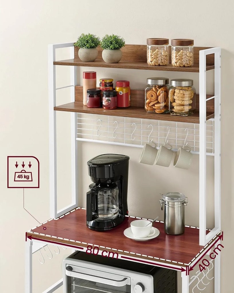 Kuchynská stojaca polica zo zástrčkami, regál s háčikmi, svetlý orech a biela farba