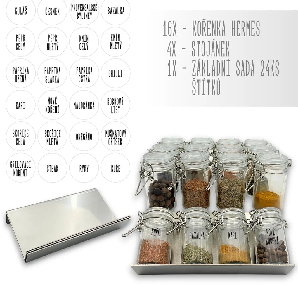 Orion Súprava 16ks koreničiek HERMES 100ml + 4ks organizér na koreničky VASKY - NEREZ + súprava 24ks štítkov