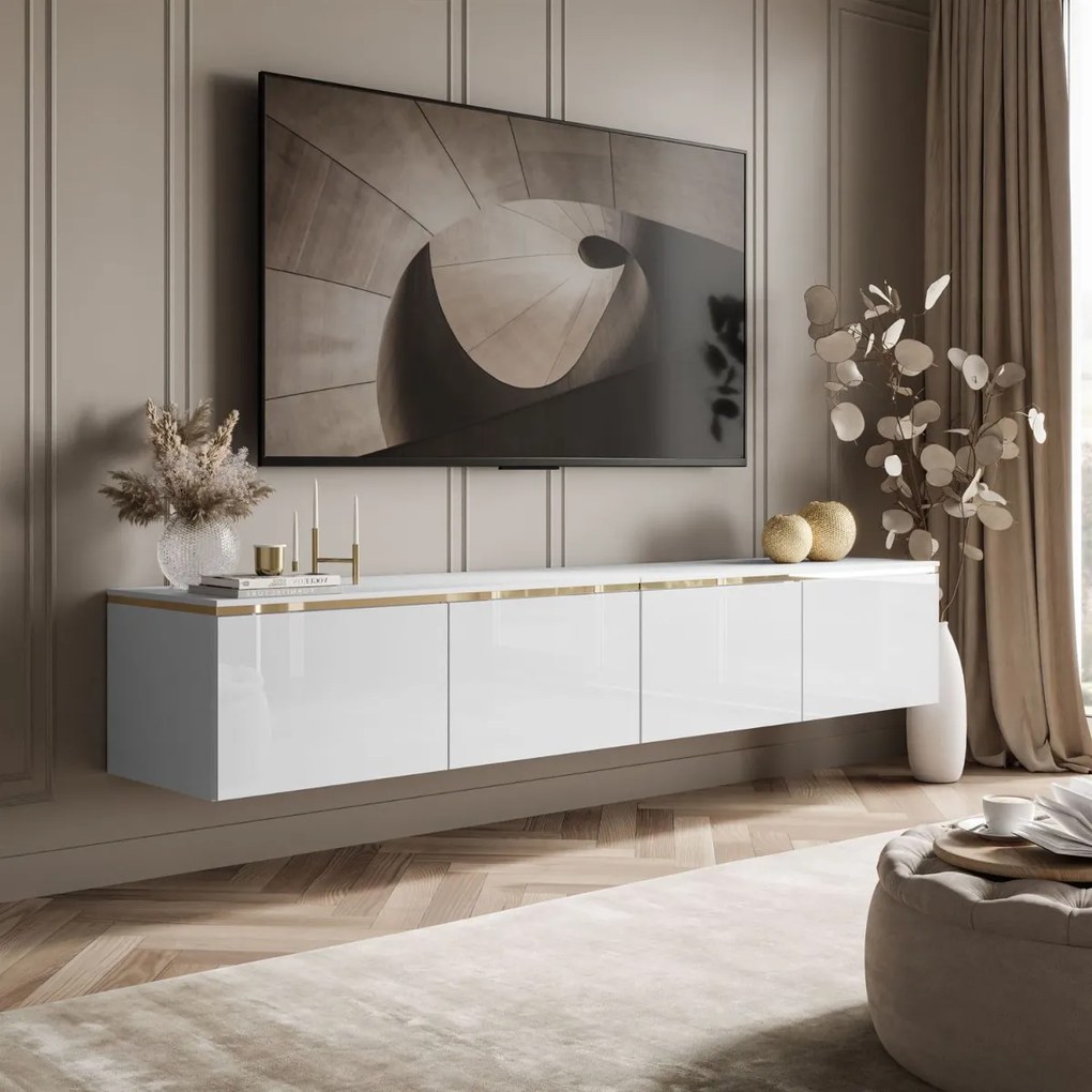 ZÁVESNÝ TV STOLÍK NESSIE ART BIELY LESK + ZLATÁ LIŠTA 200 cm LED