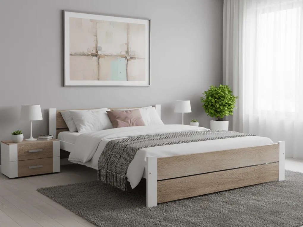 Posteľ IKAROS DOUBLE 180 x 200 cm, biela/dub sonoma Rošt: S lamelovým roštom, Matrac: Matrac Deluxe 10 cm