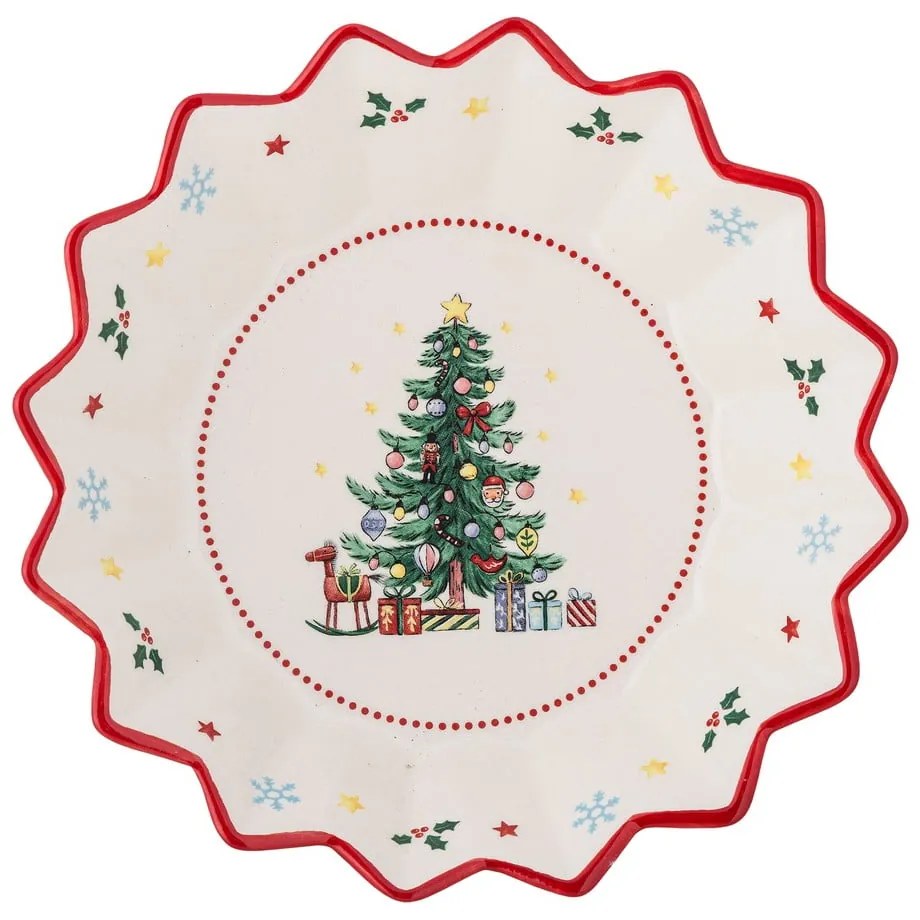 Červeno-krémový servírovací keramický tanier s vianočným motívom ø 20 cm Naive – Bloomingville