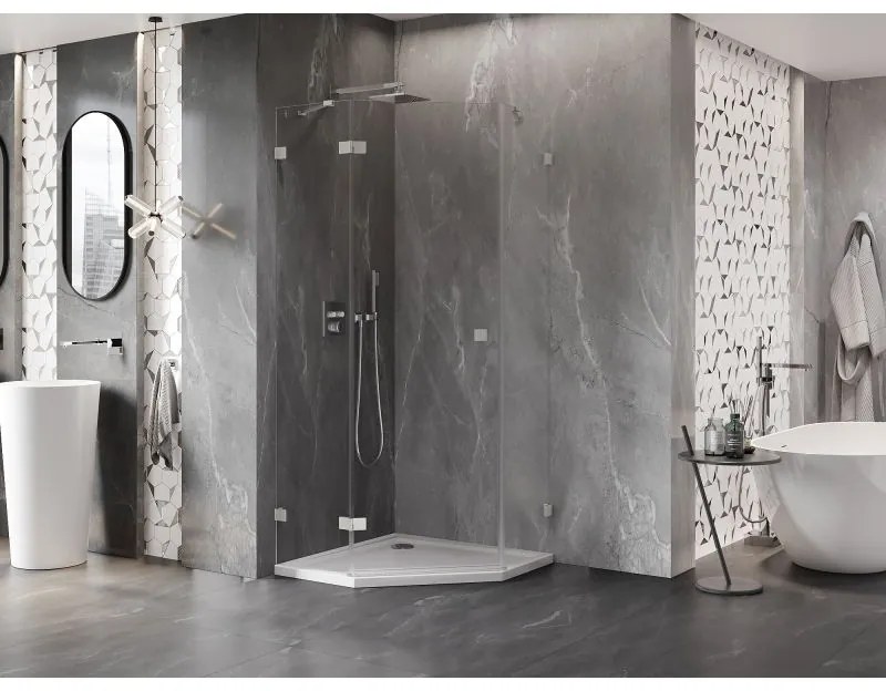 Mexen Lunar, päťuholníkový sprchový kút naklápací doľava 80 x 80 cm, 8mm číre sklo, oceľový profil, 831-080L-080P-97-00-L