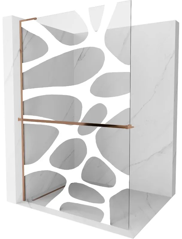 Mexen Kioto+ L, sprchová zástena Walk-In s poličkou a vešiakom 100 x 200 cm, 8mm číre sklo biely vzor, ružové zlato profil, 800-100-123-60-97