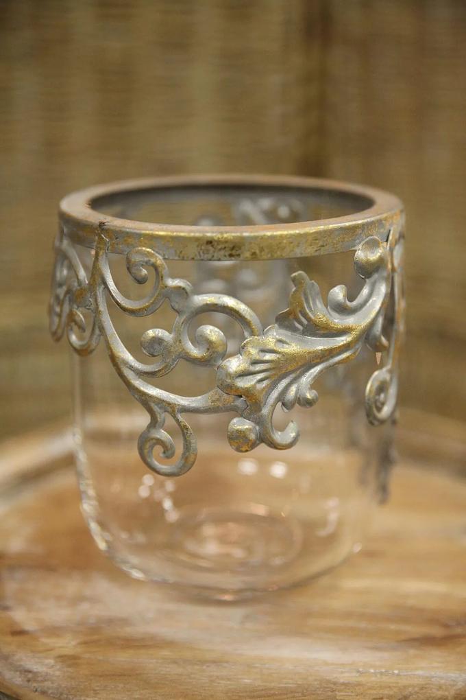 Sklenená nádoba s kovovým ornamentom 15cm
