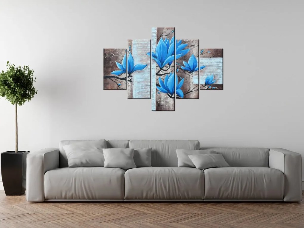 Gario Ručne maľovaný obraz Nádherná modrá magnólia - 5 dielny Rozmery: 100 x 70 cm