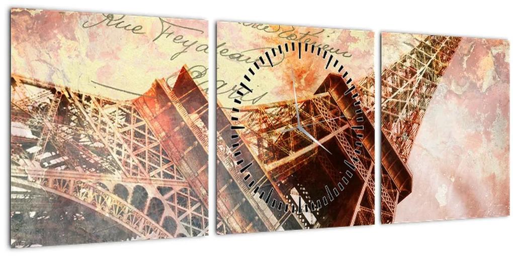 Obraz - Eiffelova veža vo vintage štýle (s hodinami) (90x30 cm)