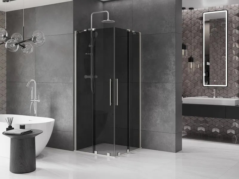 Mexen Velar Duo, sprchový kút s posuvnými dverami 90 x 90 cm, 8mm šedé sklo, brúsená oceľ, 871-090-090-42-97