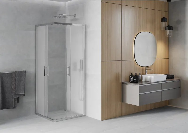 Mexen Rio, štvorcový sprchovací kút s posuvnými dverami 70(dvere) x 70(dvere) x 190 cm, 6mm sklo námraza, chrómový profil, 860-070-070-01-30