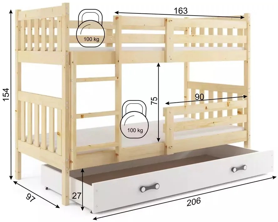 Poschodová posteľ so zásuvkou a matracmi NATURAL 200x90 borovica - biela
