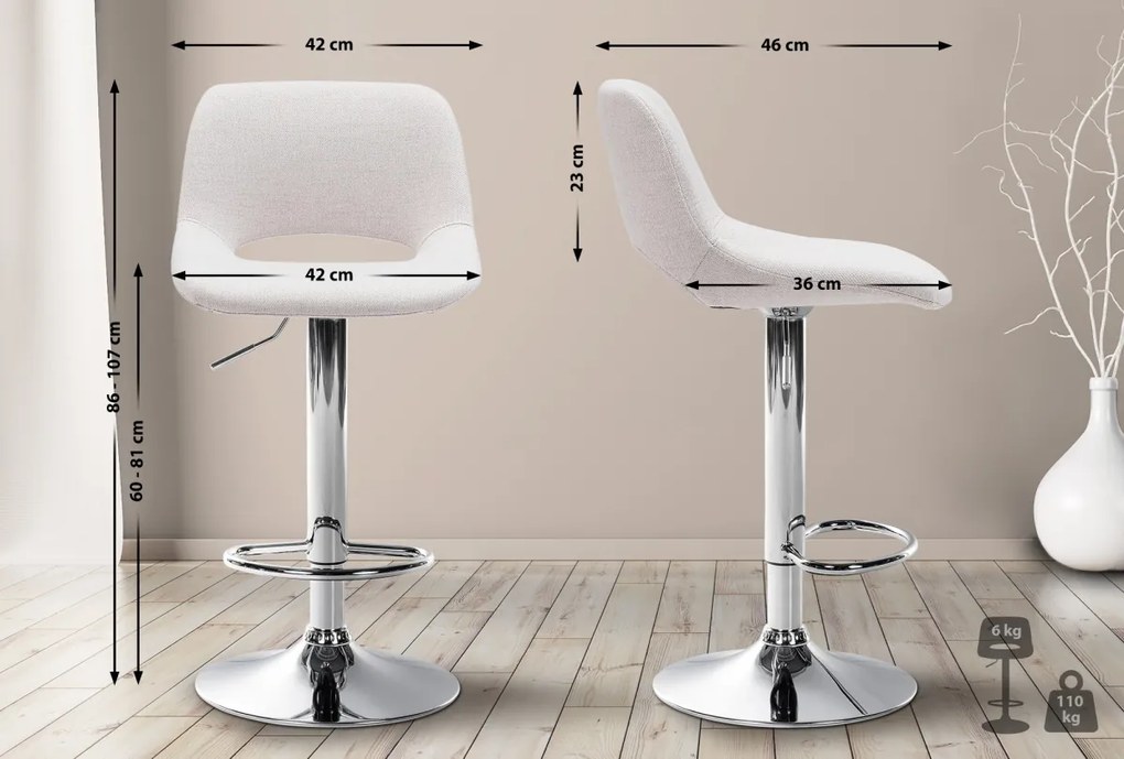 2x Barová stolička Camden - látka, chróm - Krémová