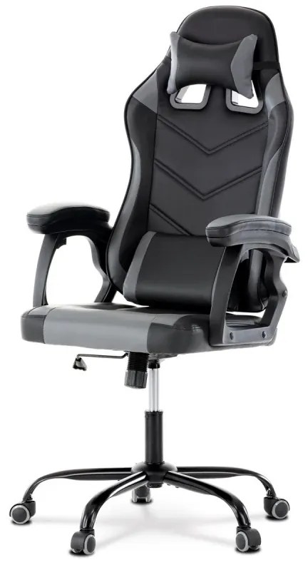 Herní křeslo, šedá a černá ekokůže, houpací mechanika, opěrák 135°