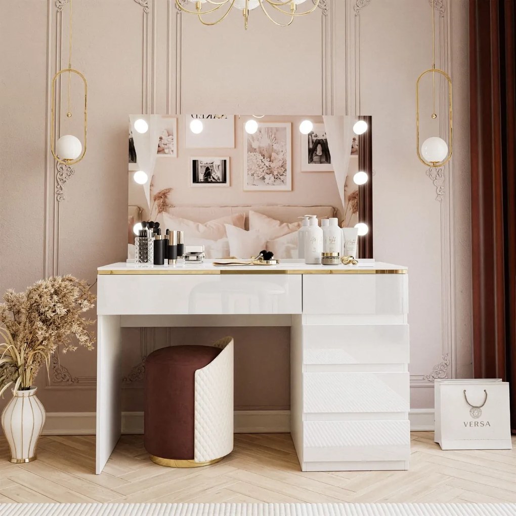 TOALETNÝ STOLÍK NESSIE ELITE 2 BIELY LESK + ZLATÝ