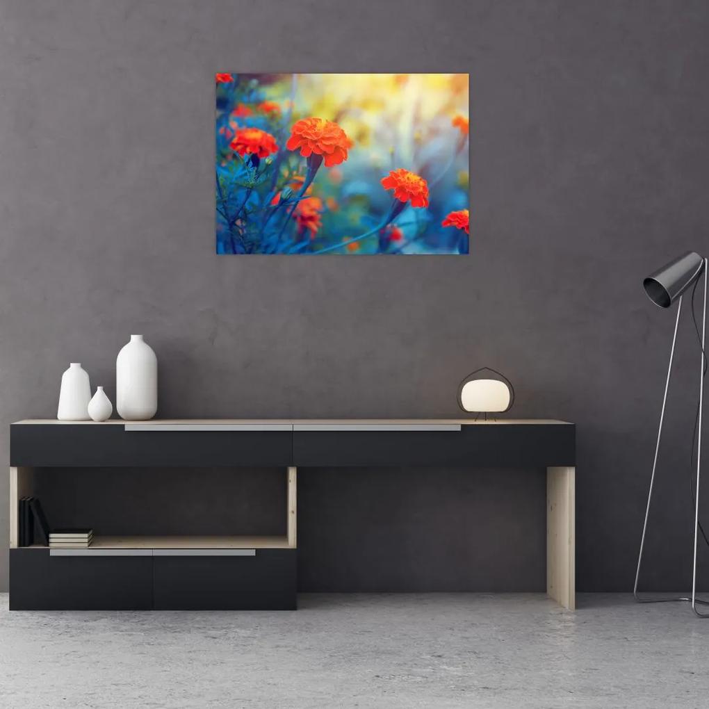 Sklenený obraz - Oranžové kvety (70x50 cm)