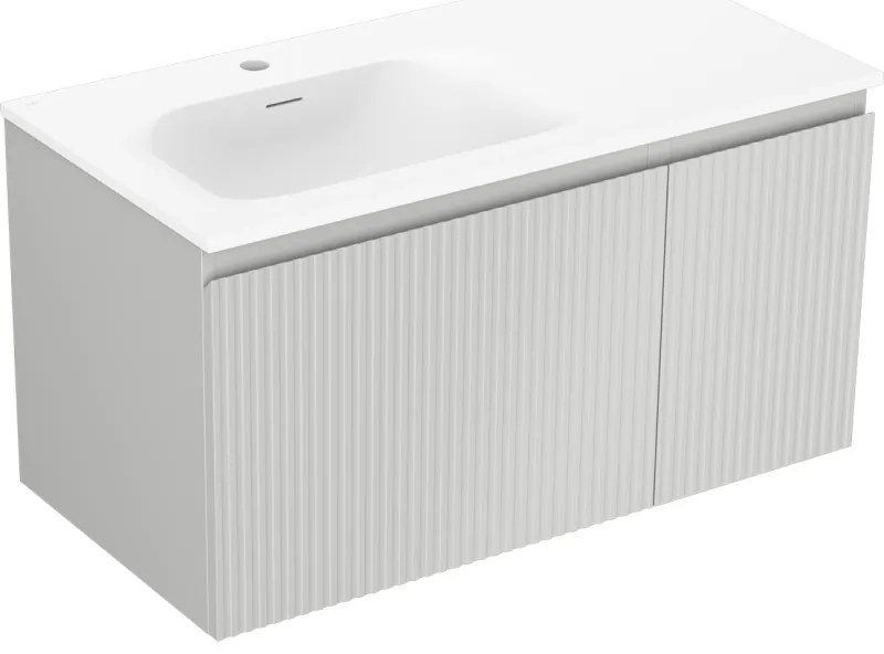 Mexen Rivel, kúpeľňová skrinka 90 cm s umývadlom Vela na ľavej strane, 1S, 1D, drážkovaná, sivá matná/biela matná - 91A23-09047-3-BBFF62-W23L01