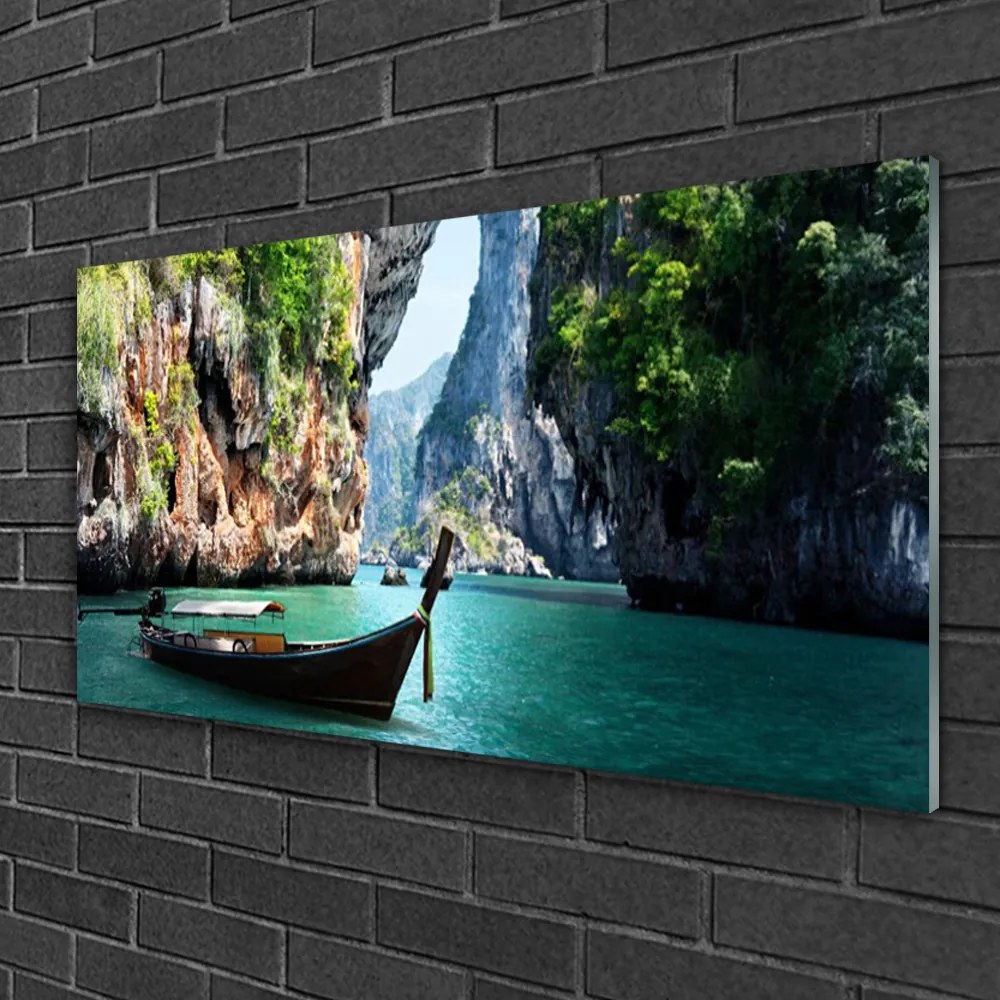 Obraz na skle Loď jazero skaly krajina 120x60 cm