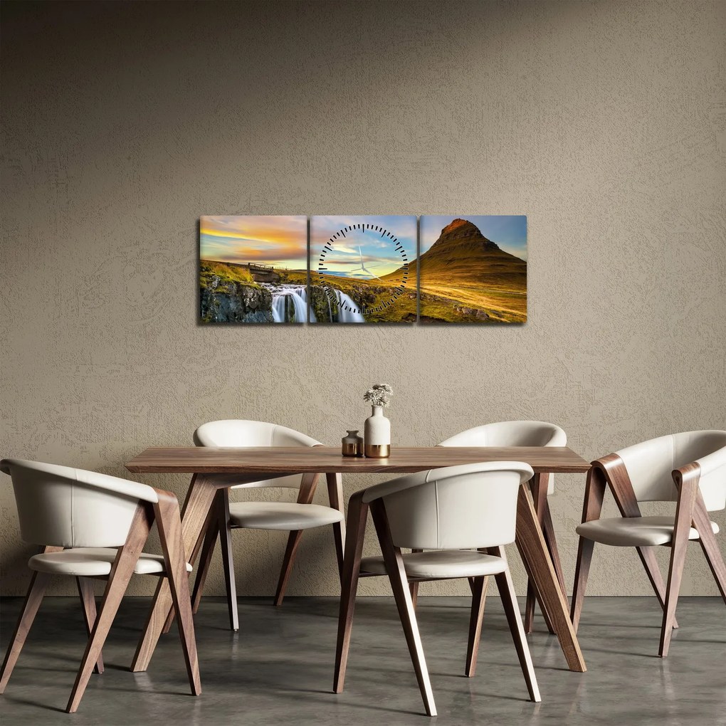 Obraz hory a vodopádov na Islande (s hodinami) (90x30 cm)