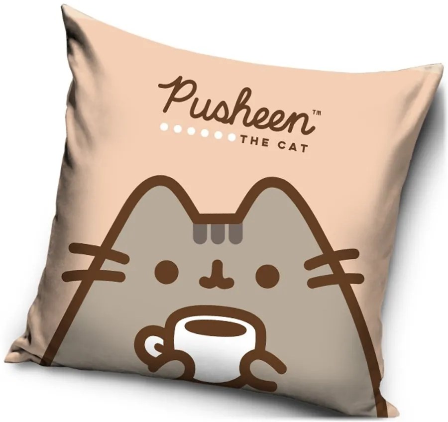 Vankúš Mačička Pusheen - motív Čas na kávu - 40 x 40 cm